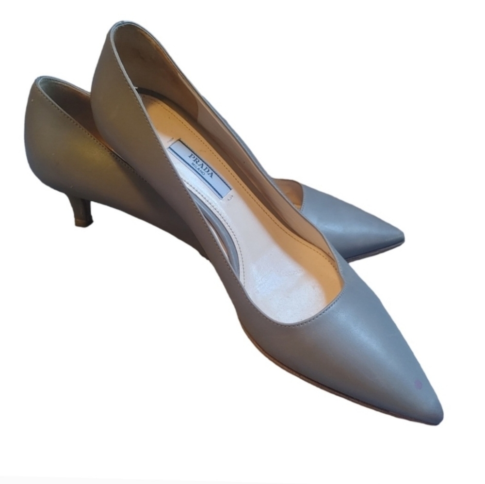 PRADA - Grey Leather Pointed Toe Kitten Heels RARE Size 7.5 Made In Italy - Picture 8 of 10
